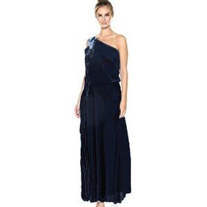 BCBG MAX AZRIA Joyce One Shoulder Ruffled Navy Silk Long Gown Sz L